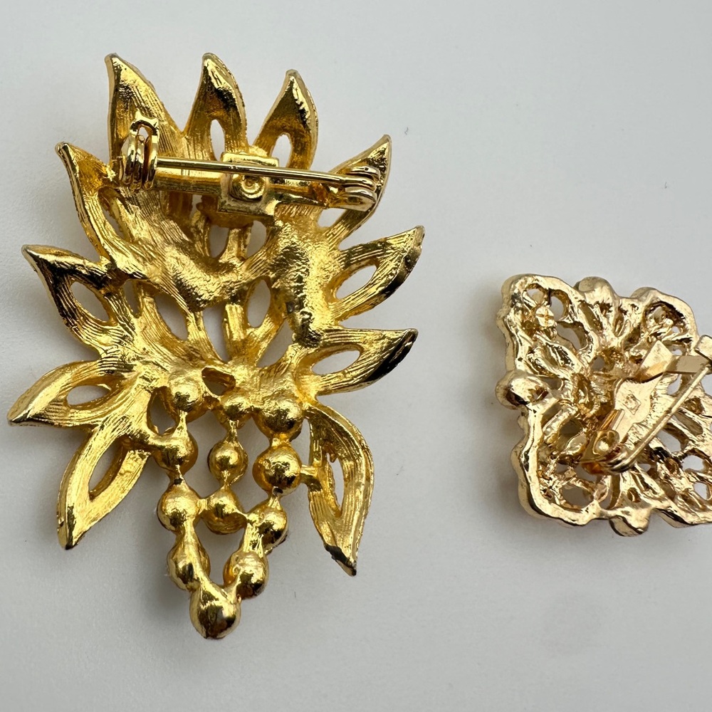Vintage Rhinestone Gold Tone Brooch Pins Bundle of 2 Estate Costume Jewelry Lot - Picture 5 of 10
